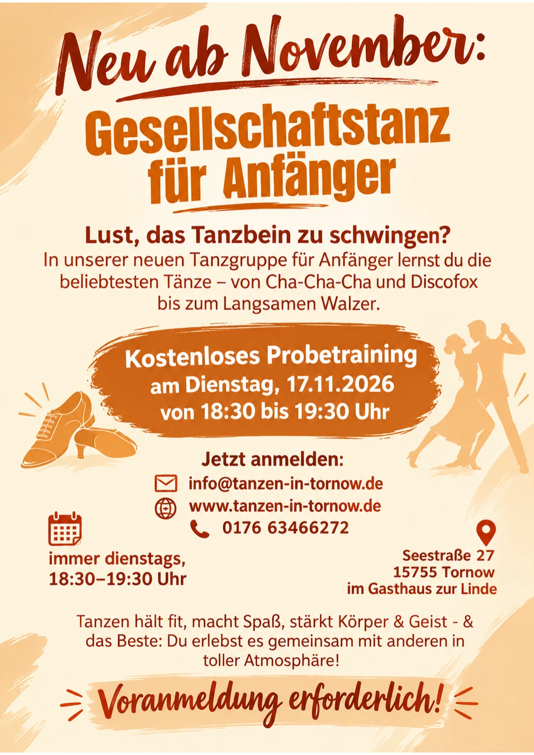 Flyer: Neu ab November Gesellschaftstanz für Anfänger, kostenloses Probetraining am 17.11.2026