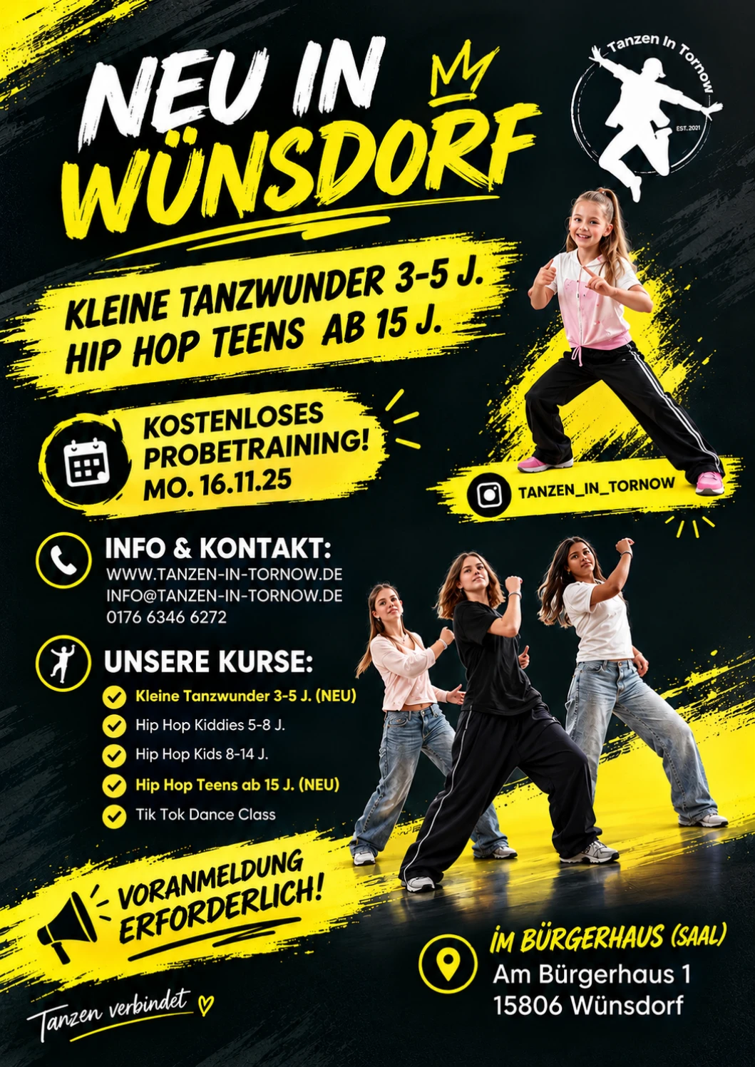 Flyer: Neu in Wünsdorf, kostenloses Probetraining, Kleine Tanzwunder und Hip Hop